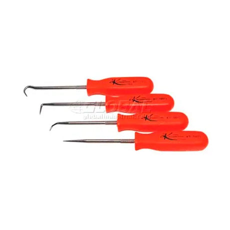 Set of 4 neon orange handled picks with varied tips for disassembly, alignment, probing, and O-ring removal tasks