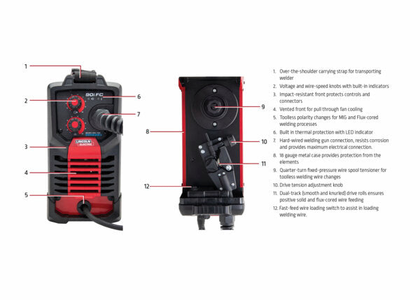 Compact Lincoln WELD-PAK 90i MIG welder with wire feed, voltage controls, built-in cooling, and ergonomic carrying strap