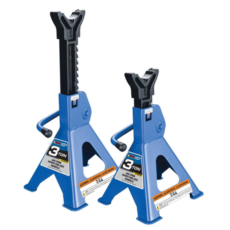 Pair of blue 3-ton jack stands with adjustable height and safety locking mechanism for vehicle support