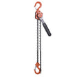 1/2 ton capacity lever hoist with 5-foot lifting chain, orange hooks, and black rubberized handle grip
