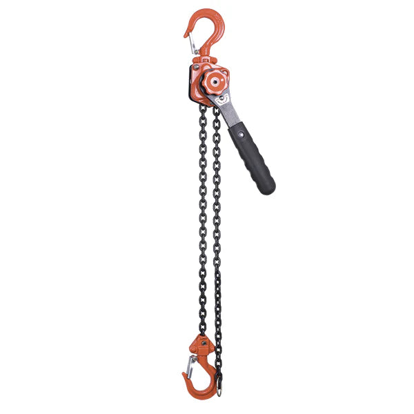 1/2 ton capacity lever hoist with 5-foot lifting chain, orange hooks, and black rubberized handle grip