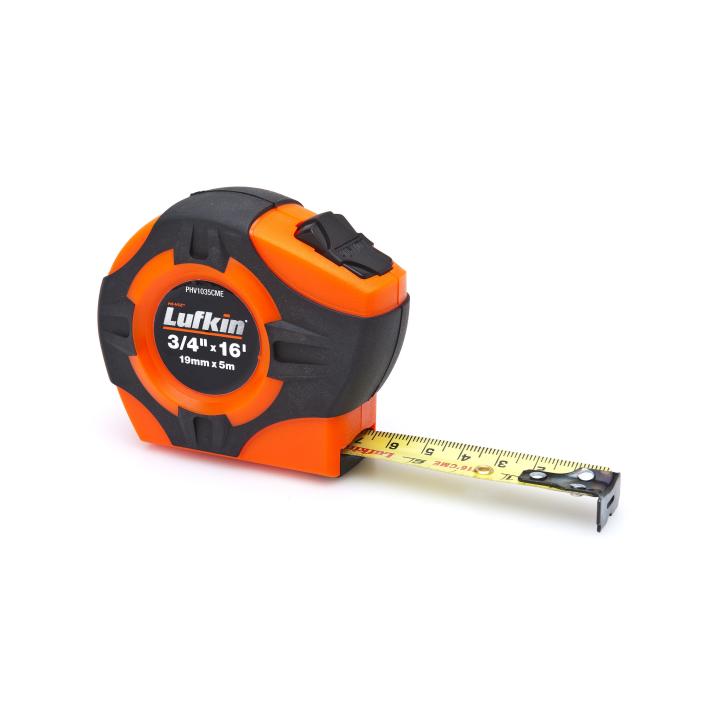 3/4 inch by 16 feet Lufkin retractable measuring tape with yellow laminated blade and locking mechanism