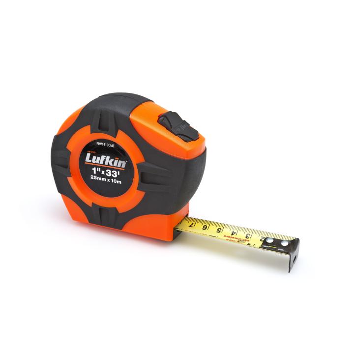1-inch by 33-foot high-visibility Lufkin tape measure with yellow coated blade and durable black-orange casing