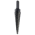 Black stepped drill bit with patented two-flute design for fast, clean holes from 1/8 to 1/2 inch diameter