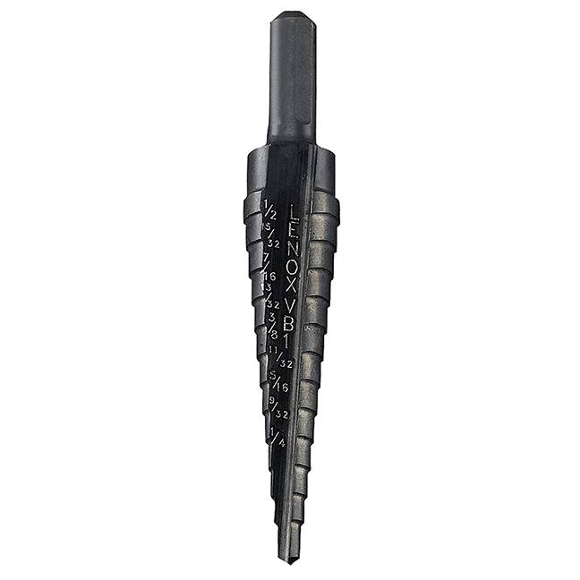 Black stepped drill bit with patented two-flute design for fast, clean holes from 1/8 to 1/2 inch diameter