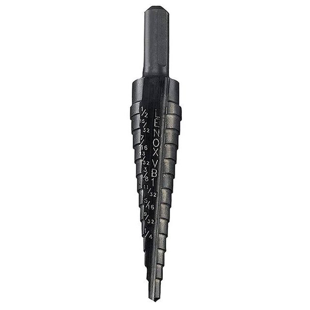 Black stepped drill bit with patented two-flute design for fast, clean holes from 1/8 to 1/2 inch diameter