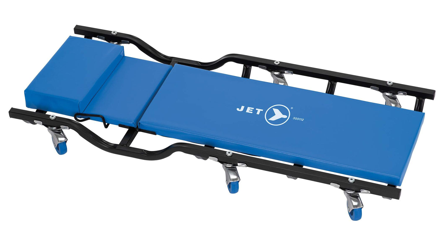 42-inch JET rolling creeper with padded headrest, ergonomic black frame, and four swivel caster wheels