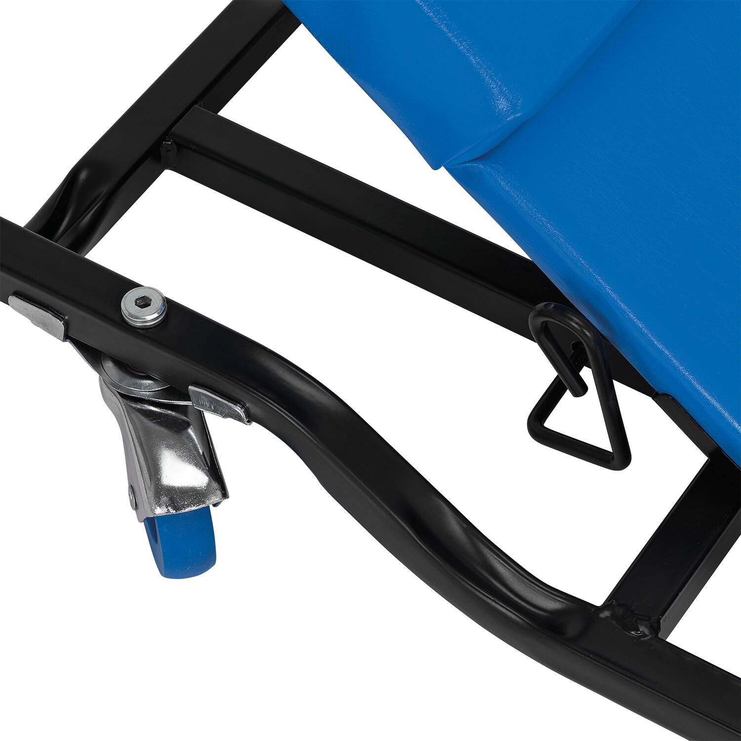 Close-up of black metal frame with blue caster wheel and blue padded headrest on rolling creeper tool platform