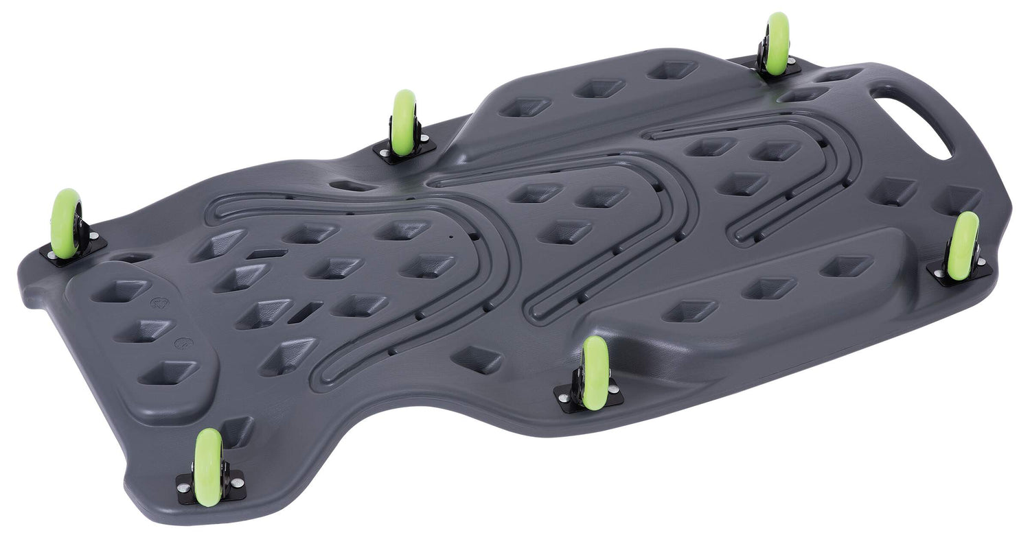42-inch low-profile molded plastic mechanic creeper with ergonomic design and green caster wheels for easy mobility