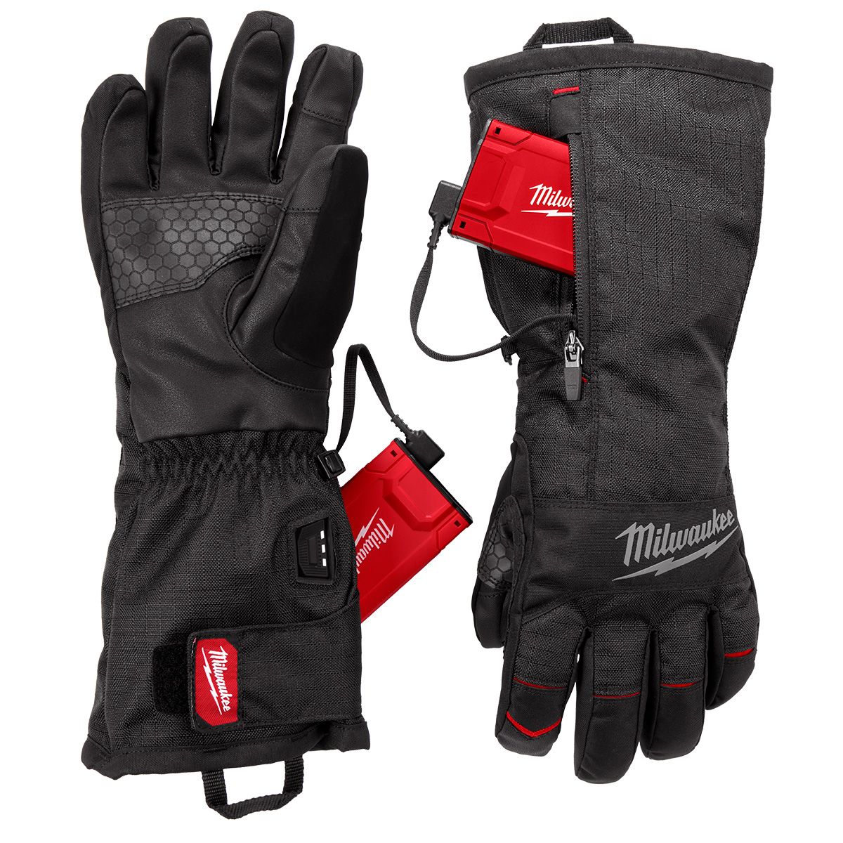 Pair of Milwaukee black XL heated winter gloves with HEXON heating technology and battery pack compartment