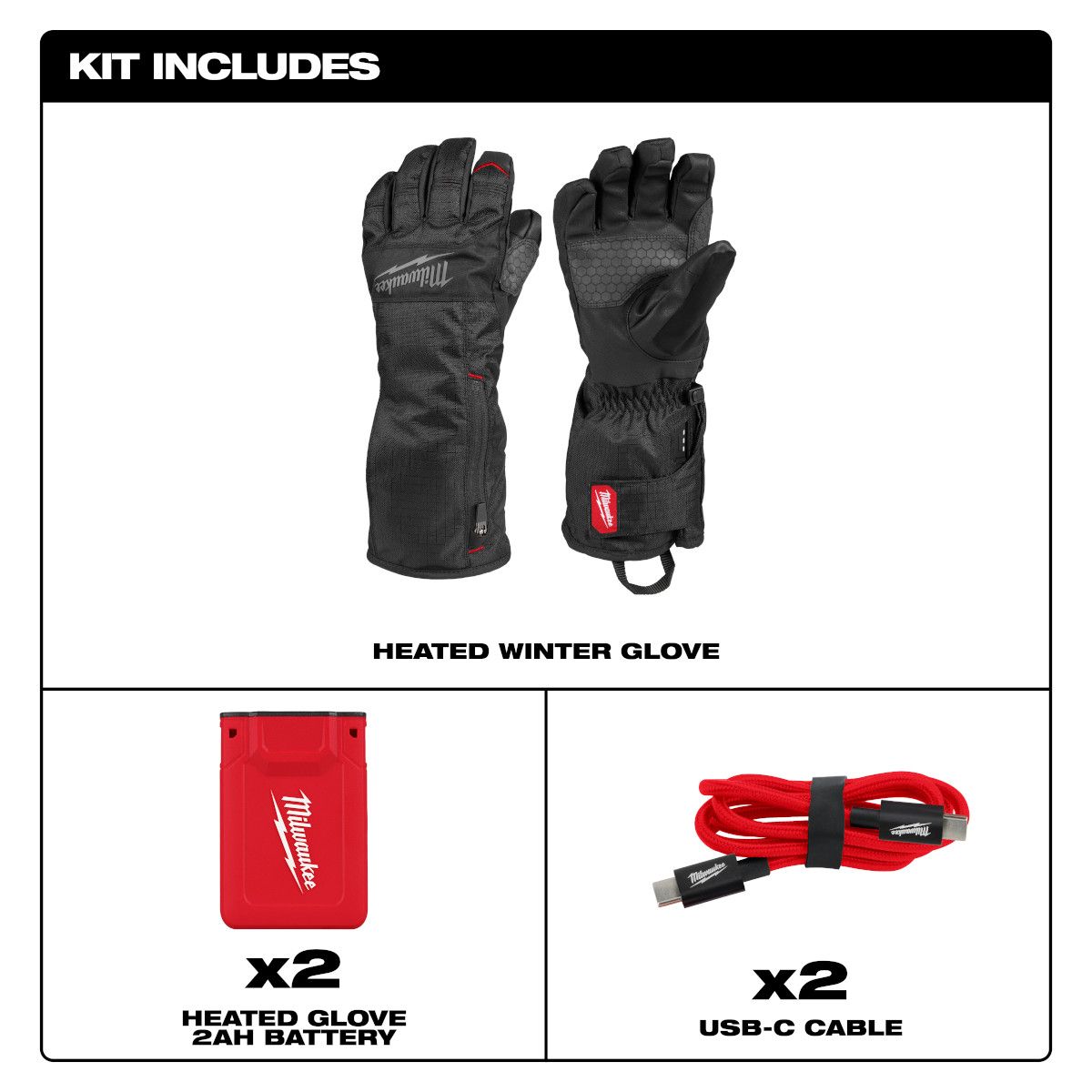 Pair of black heated winter gloves with extended cuffs, two 2Ah batteries, and two red USB-C charging cables