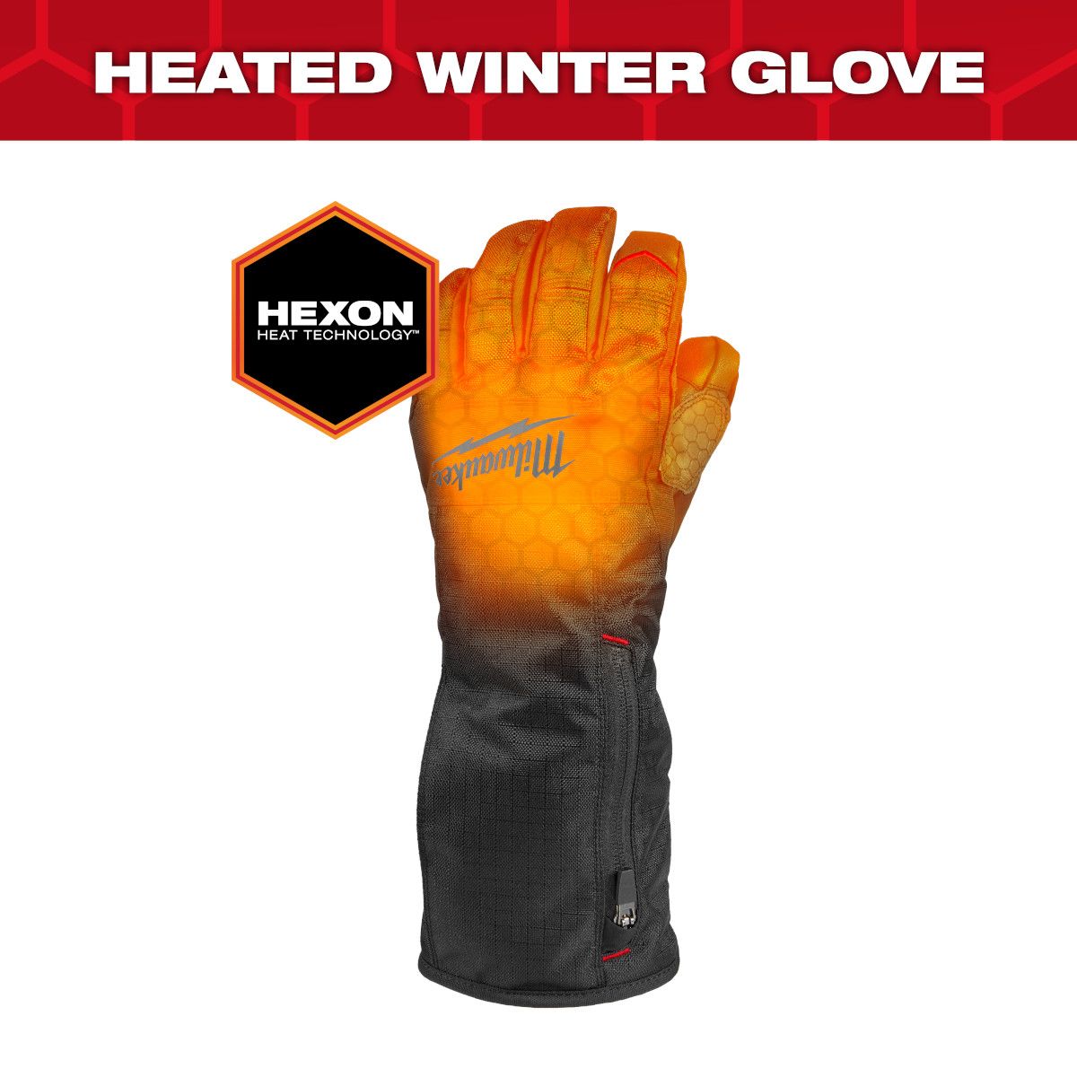Black and orange Milwaukee heated winter glove with HEXON heat technology and extended cuff with zipper closure