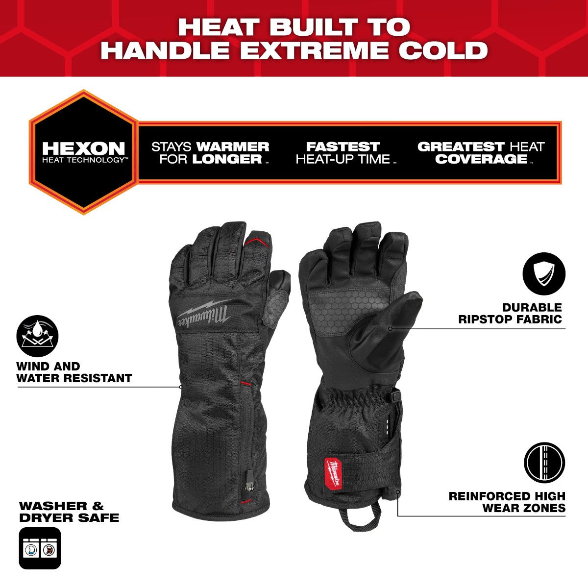 Black heated winter gloves with HEXON technology, wind and water resistant, durable ripstop fabric, and reinforced wear zones