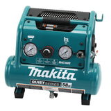 Makita 1-gallon 0.5 HP quiet series air compressor with pressure gauges, control knob, and compact durable design