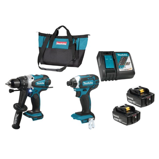 Cordless drill and impact driver set with two 5Ah batteries, charger, and carrying bag in teal and black design