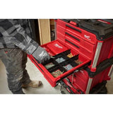 Coffre à outils Milwaukee PACKOUT 3 tiroirs 48-22-8443 utilisé sur un chantier