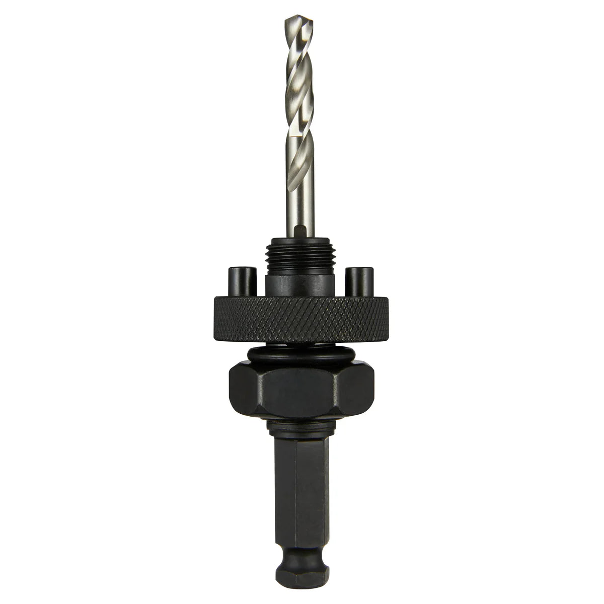 7/16 inch Milwaukee quick-change arbor hole saw drill bit with coarse threading and pilot drill steel shaft