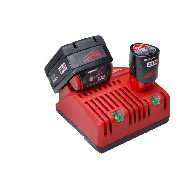 Red Milwaukee dual battery charger for M18 and M12 lithium-ion batteries with LED charging indicators