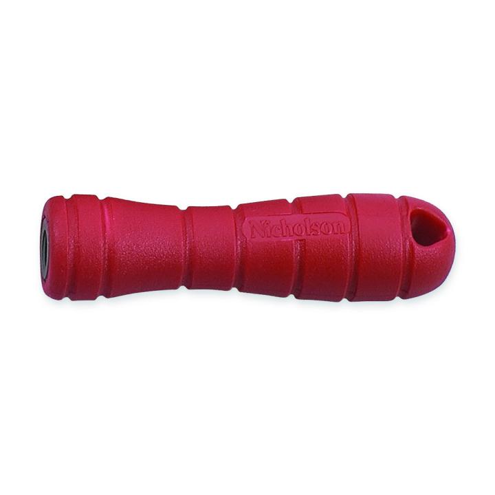 Red ergonomic replacement handle for file with shock-resistant material and screw-in design, fits common files.