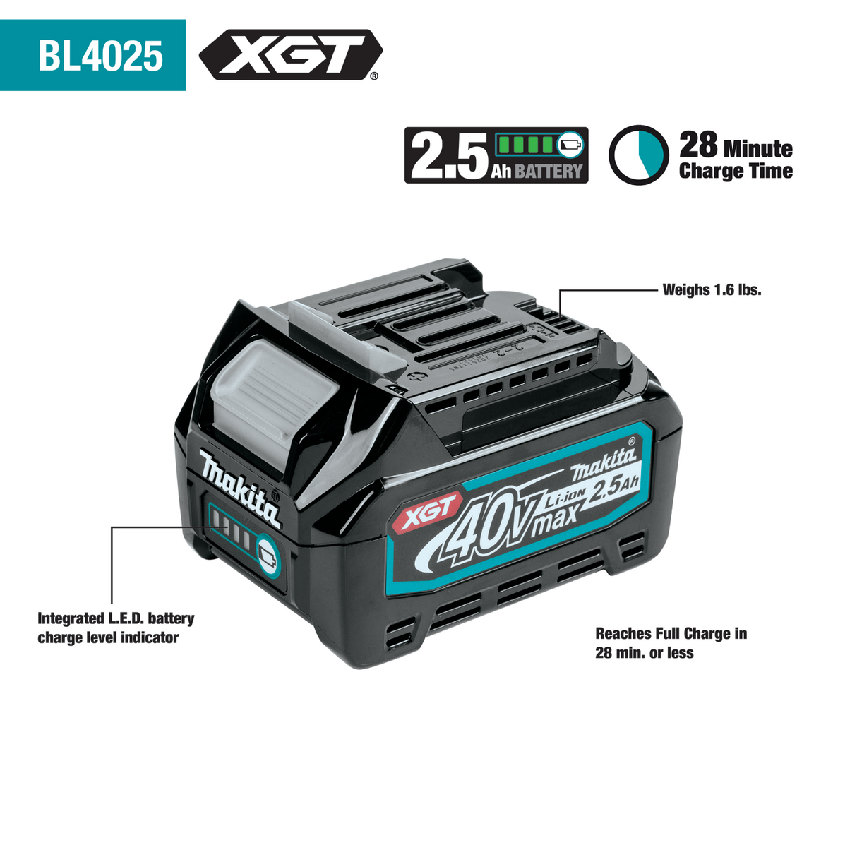 PAQUET 2 BATTERIES MAKITA XGT 40V 2.5Ah BL4025