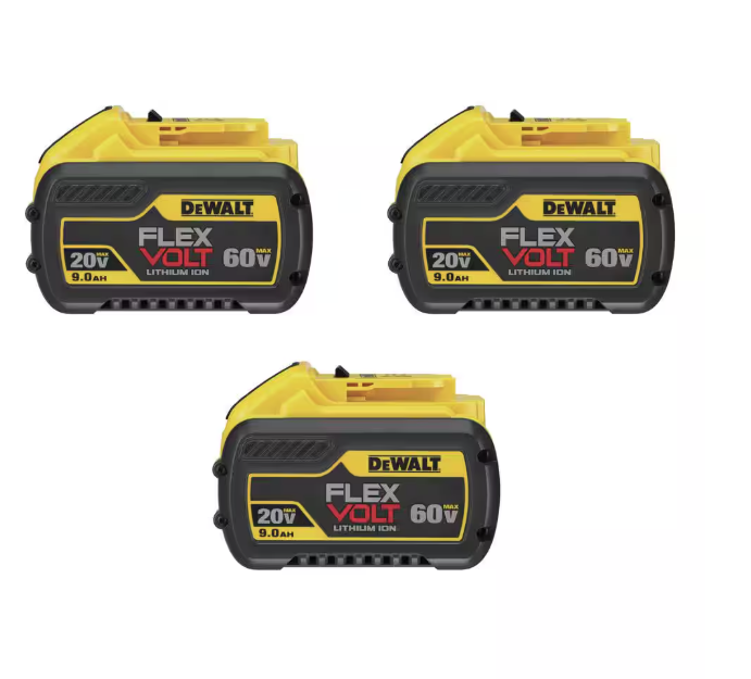 Pack of 3 DeWalt FLEXVOLT 20V/60V MAX lithium-ion batteries, 9Ah capacity for high-performance tools
