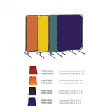 Transparent welding curtains in orange, yellow, green, and blue, available in 6x6 and 6x8 sizes with metal frame stands