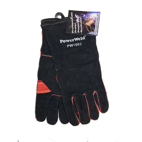 Black and red split cowhide welding gloves with insulated cotton-foam lining, reinforced thumb, and Kevlar stitched seams