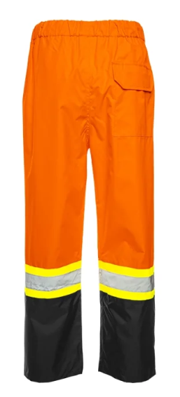 Orange waterproof rain pants with sealed seams, reflective 2-inch stripes, black reinforced lower legs, and utility pocket
