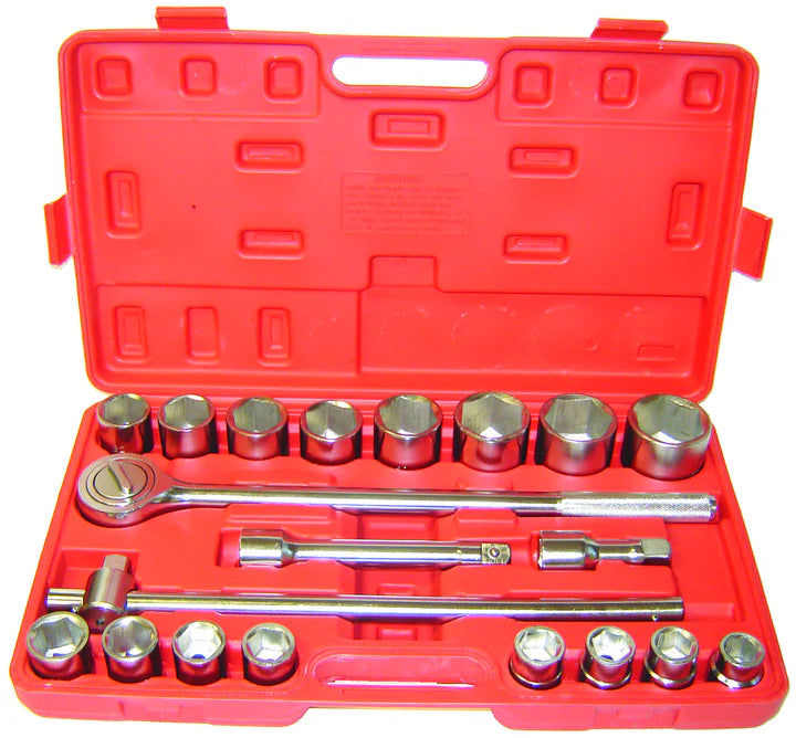 3/4 drive chrome SAE socket set with reversible ratchet, breaker bar, extensions, and storage case in red plastic