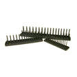 Three black ABS plastic metric socket holders with upright pins for organizing short and long sockets.