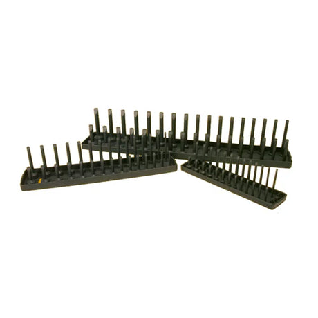 Three black ABS plastic metric socket holders with upright pins for organizing short and long sockets.