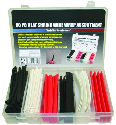 90-piece heat shrink wire wrap set with assorted colors in plastic compartment case for insulation and protection