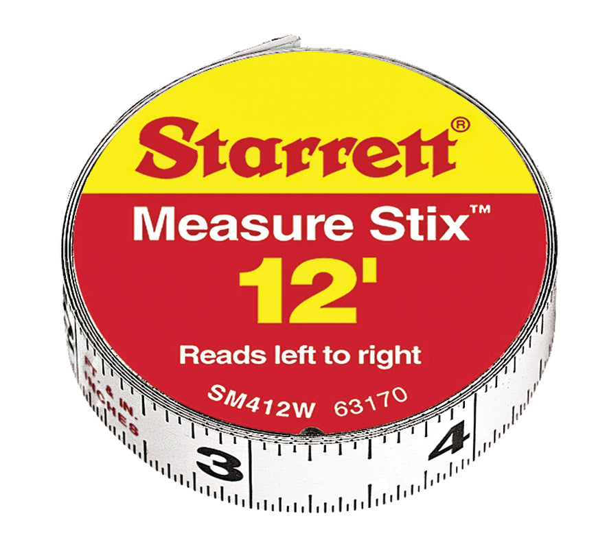 12-foot Starrett Measure Stix adhesive measuring tape in steel with permanent adhesive backing, reads left to right