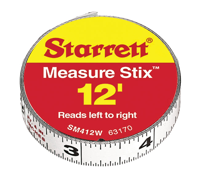 12-foot Starrett Measure Stix adhesive measuring tape in steel with permanent adhesive backing, reads left to right