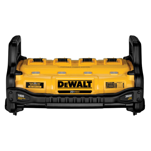 DeWalt 1800W portable charger station with four battery slots, rugged protective housing, and 20V Max compatibility