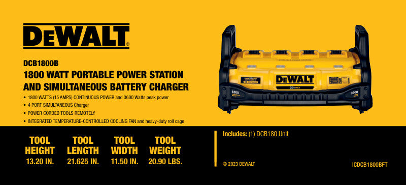 DeWalt 1800W portable power station and battery charger with temperature-controlled cooling fan and heavy-duty roll cage