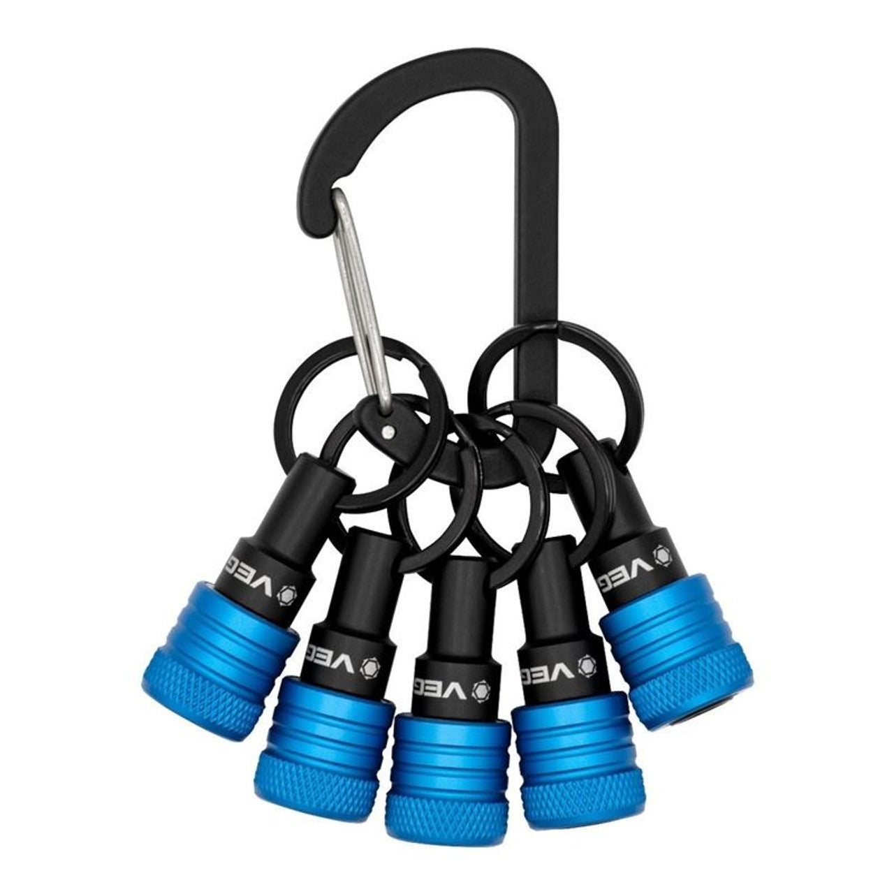 Compact carabiner with five blue and black bit holders, designed for quick access and easy one-handed use at work.