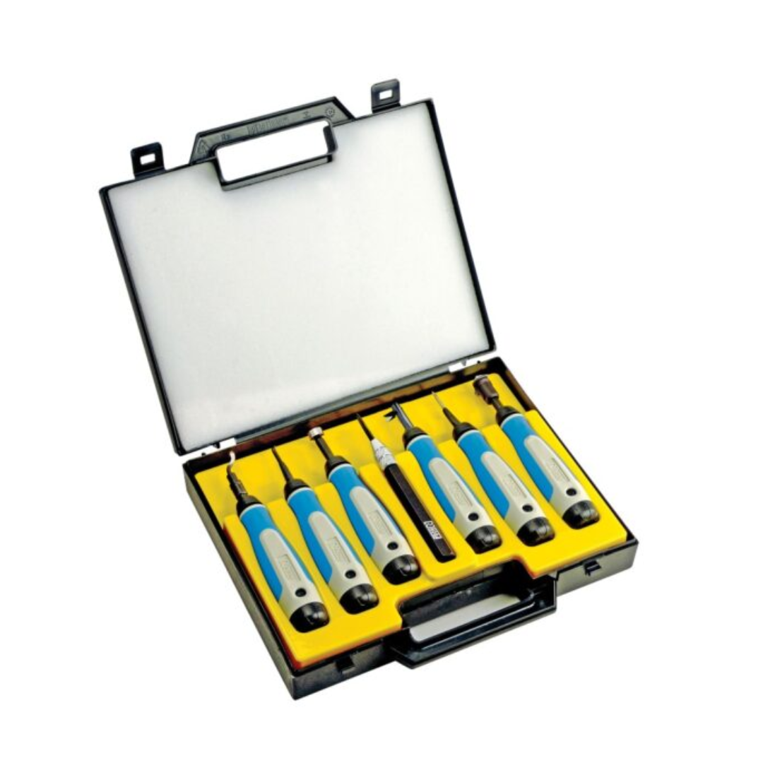 Set of seven deburring tools with ergonomic blue and gray handles in black carrying case with yellow foam insert