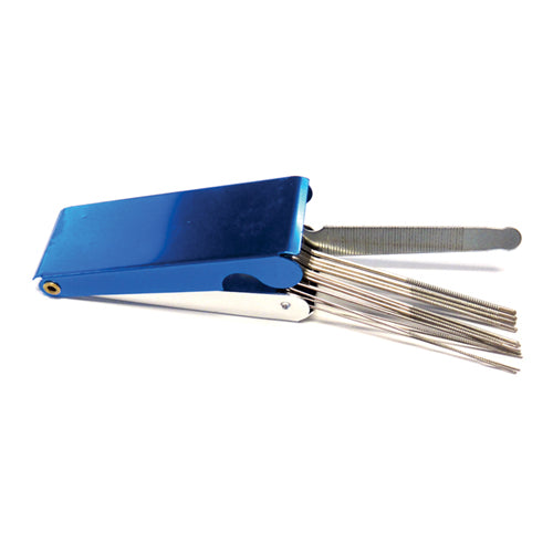 Blue folding nozzle cleaner kit with multiple metal picks for welding equipment maintenance and precision cleaning