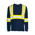 Navy blue long-sleeve safety shirt with yellow reflective harness stripes and moisture-wicking breathable polyester fabric