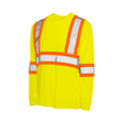 High-visibility yellow long-sleeve shirt with reflective orange and silver safety stripes, moisture-wicking polyester fabric