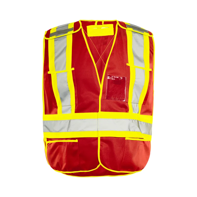 High-visibility red surveyor vest with 4-inch reflective tape and breathable polyester fabric for safety and comfort