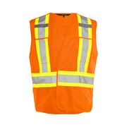 Orange safety vest with 4-inch contrasting tape and 2-inch reflective silver strips, made of 100% durable polyester