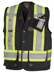 Black cotton duck surveyor safety vest with high-visibility yellow and reflective silver stripes, metal grommets, and ID holder