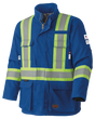 Blue high-visibility FR-Tech® flame-resistant winter safety parka with reflective yellow-green stripes and multiple pockets