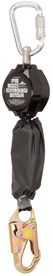 Self-retracting lifeline with carabiner and locking hook, designed for leading edge fall protection systems