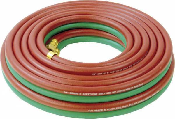 Dual 1/4 inch x 50 ft Grade R oxyacetylene welding hose with brass fittings, durable for harsh welding environments