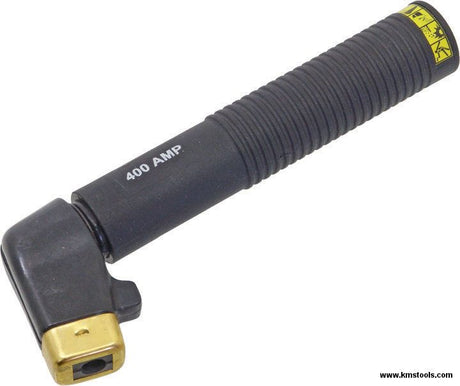 400 AMP electrode holder with ribbed insulated grip and rotating locking mechanism for quick welding rod changes