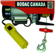 Red electric hoist with 1500 lbs capacity, 110V power, yellow remote control, and heavy-duty lifting hook