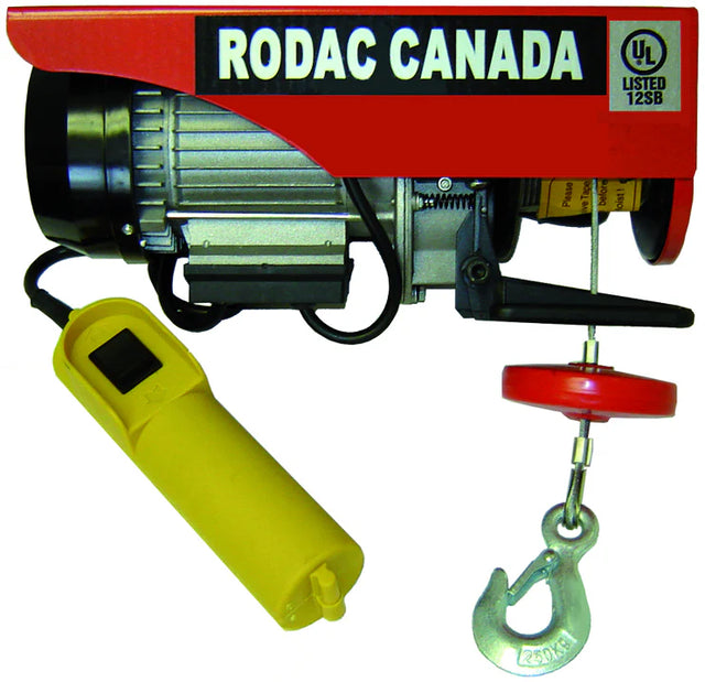 Red electric hoist with 1500 lbs capacity, 110V power, yellow remote control, and heavy-duty lifting hook